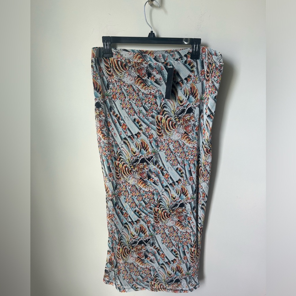 Ed Hardy blue Tattoo print midi skirt